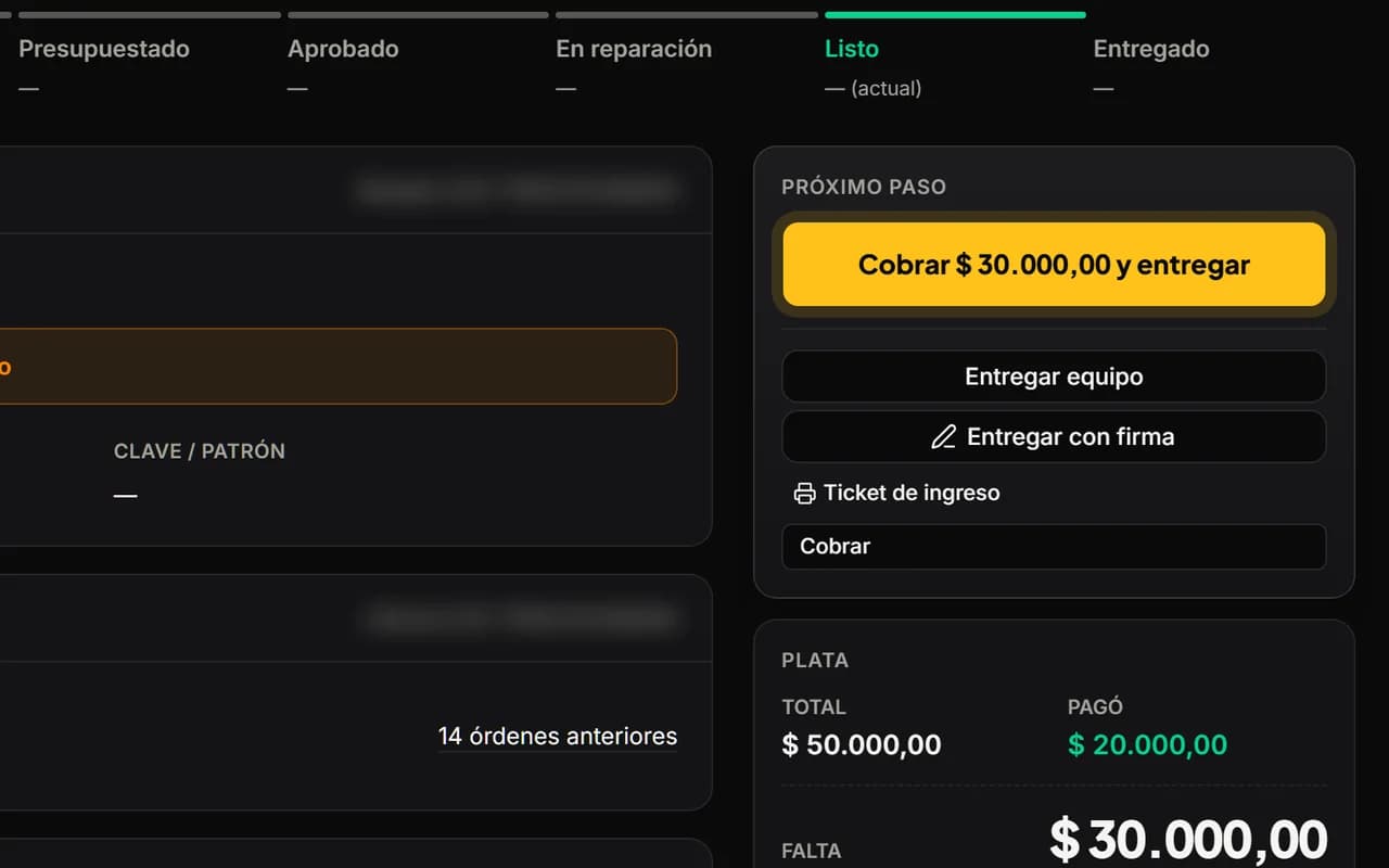 Ficha de una orden en RepararListo en la computadora: etapa Listo, el próximo paso «Cobrar $ 30.000,00 y entregar» y la plata con Total, Pagó y Falta.